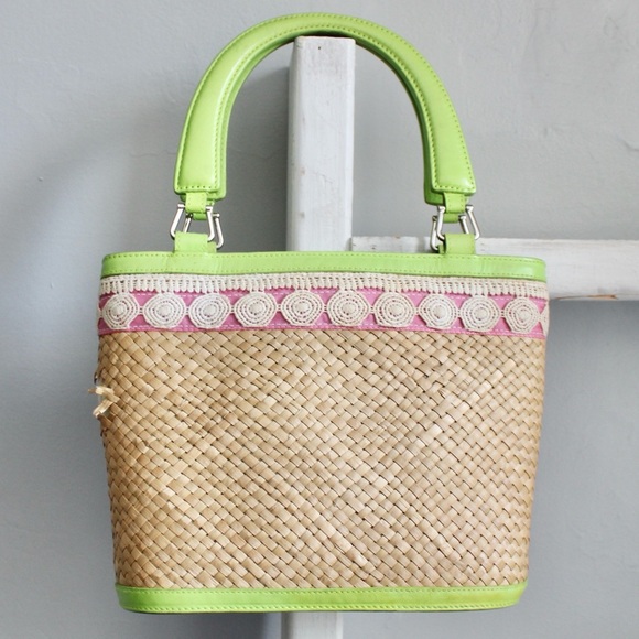 Lily Pulitzer Vintage Green Tan Woven Straw Double Handle Handbag Purse - Picture 2 of 8